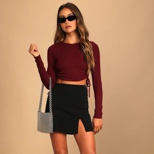 Lulu’s Appealing Impression Burgundy Drawstring Long Sleeve Crop Top
